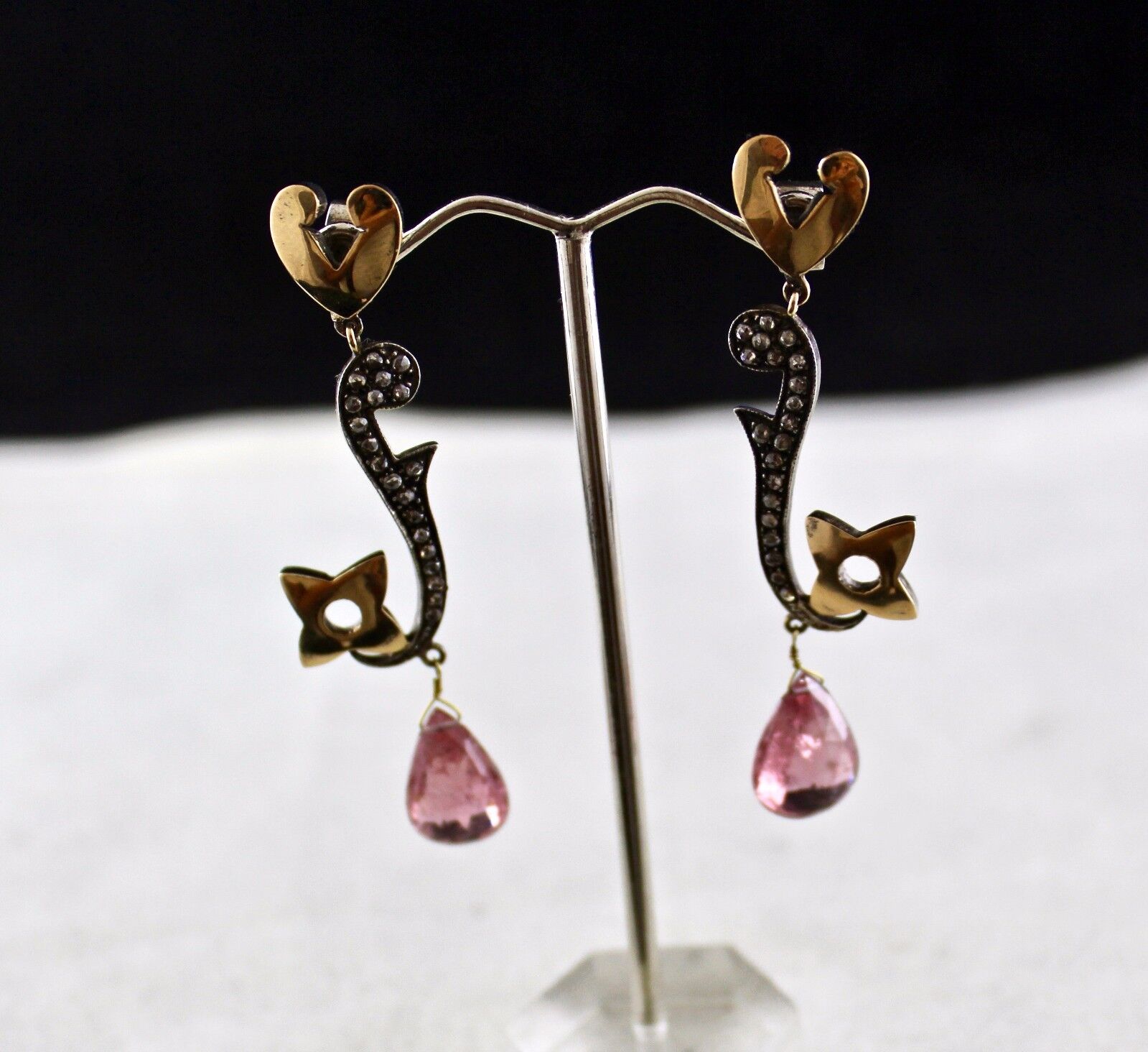 Natural Pink Tourmaline Pear Diamond 18K Gold 925 Silver Victorian Fine Earring