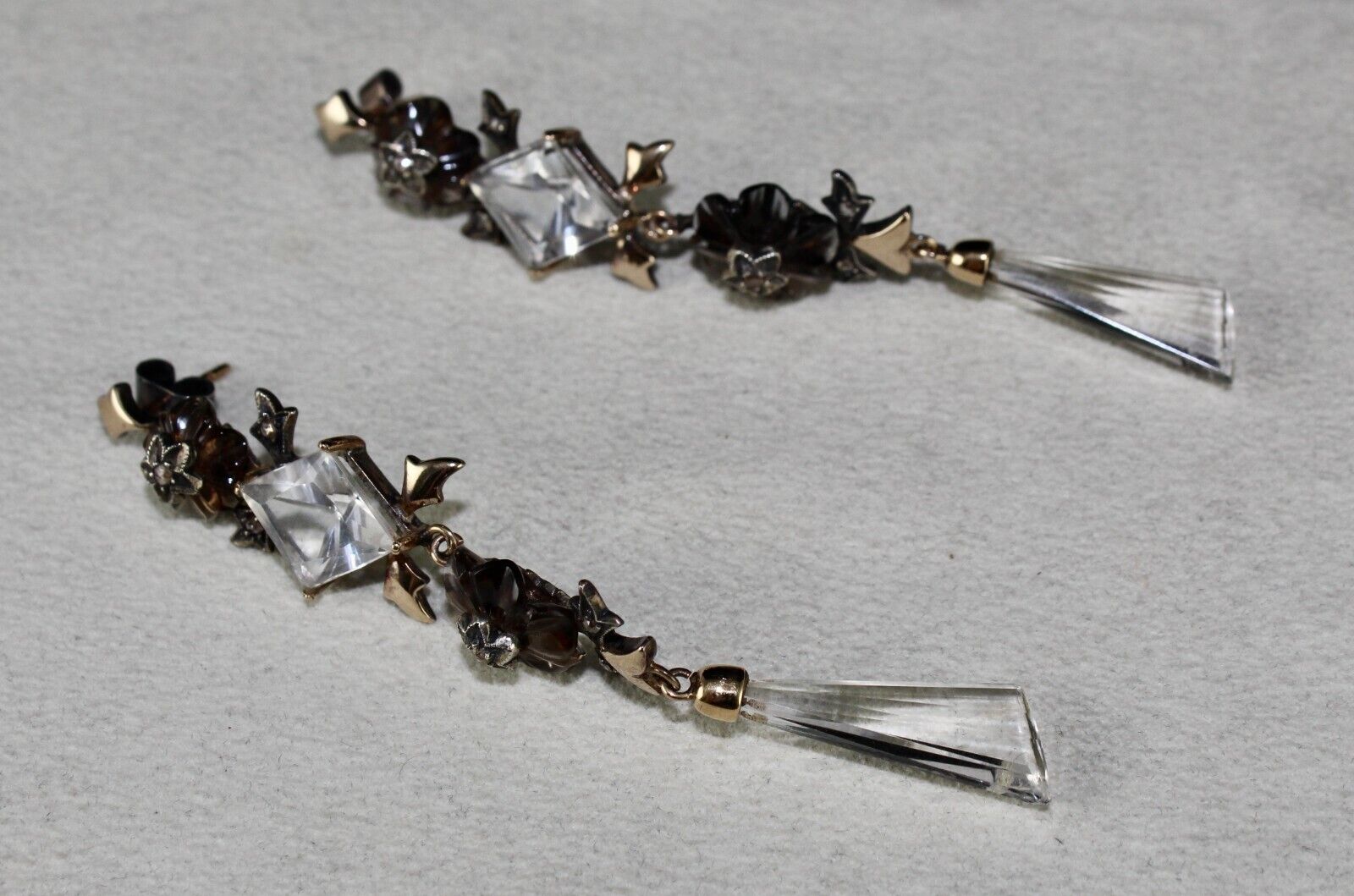 NATURAL SMOKY CRYSTAL QUARTZ CUT STONE DIAMOND 18K GOLD VICTORIAN SILVER EARRING