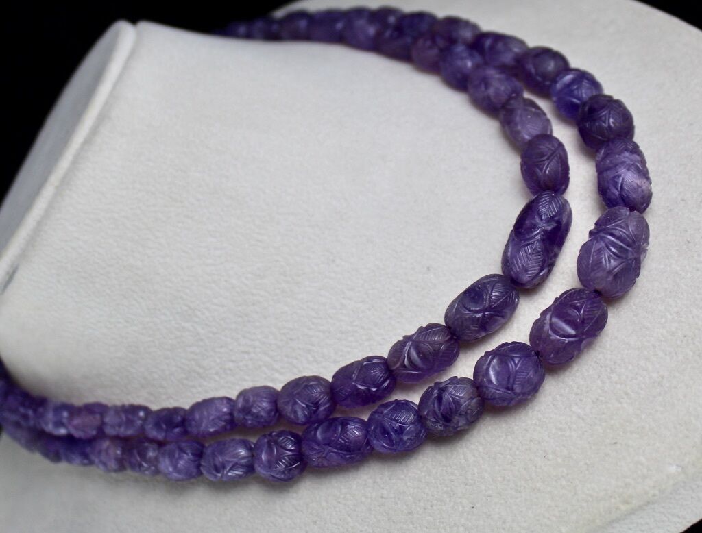 NATURAL AMETHYST CARVED BEADS 2 LINE 608 CTS GEMSTONE NECKLACE WITH SILVER HOOK