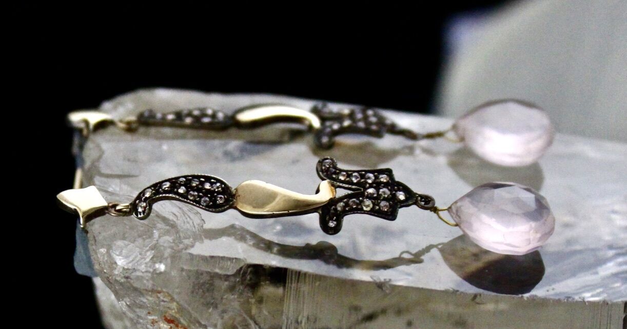 NATURAL ROSE QUARTZ TEAR DROPS DIAMOND 18K GOLD 925 SILVER VICTORIAN EARRING