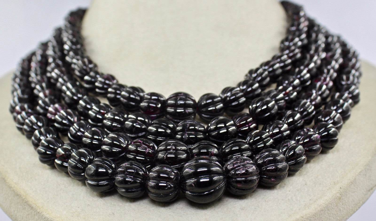 Natural Garnet 2392 Ct Carved Melon Beads Necklace Sterling Silver Hook