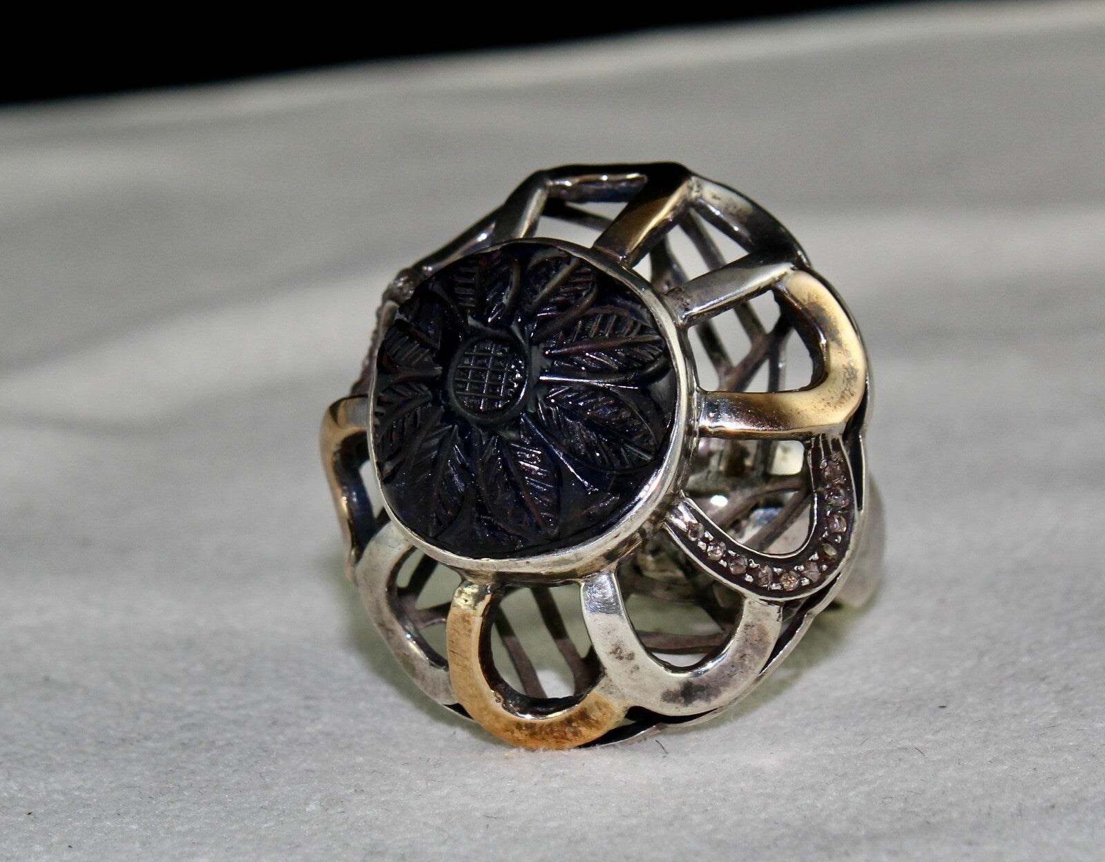 Natural Iolite 126ct Natural Diamond 18k Gold Silver Victorian Cocktail Ring