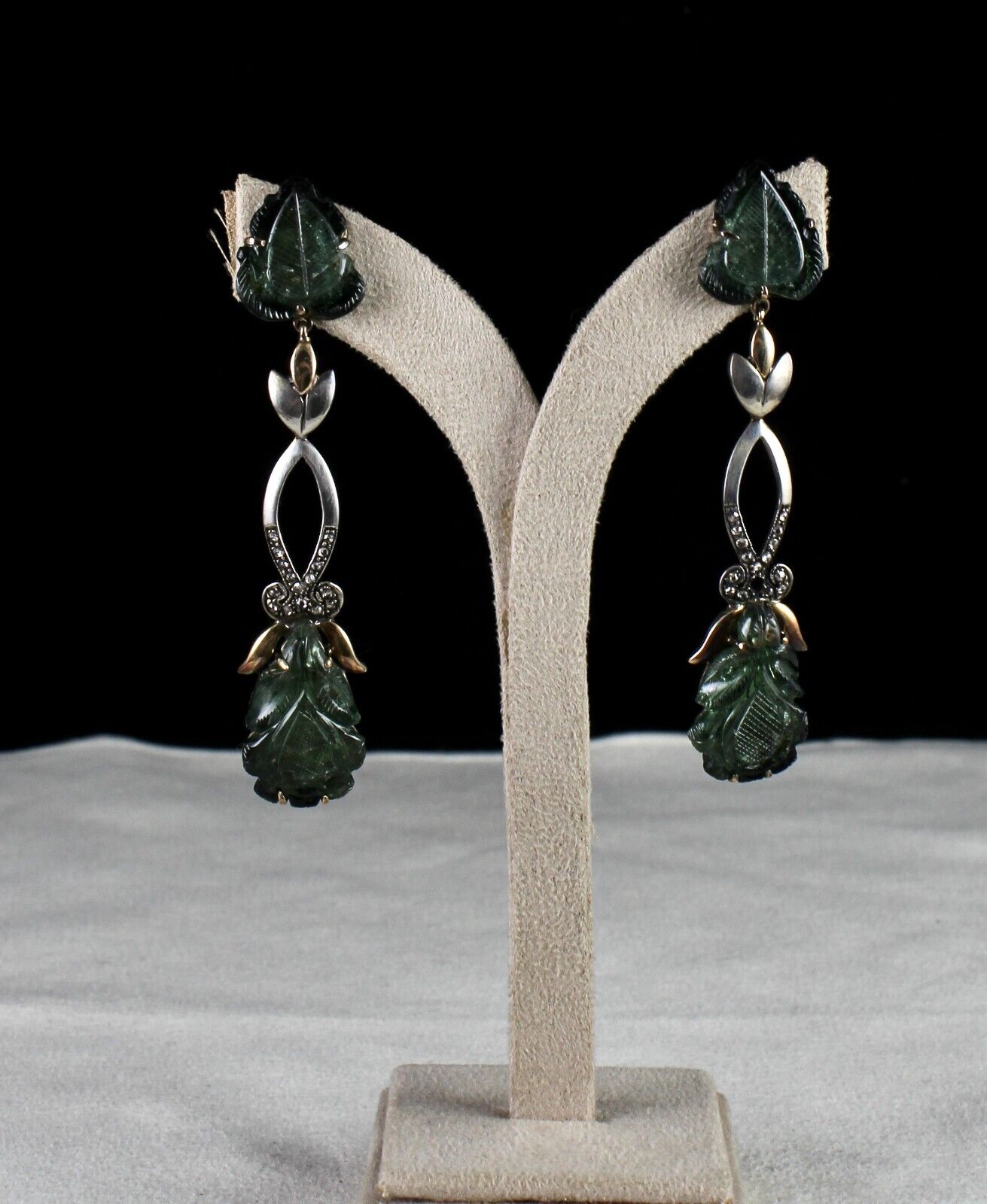 Natural Green Tourmaline Stone Diamond 18k Gold Silver Dangle Victorian Earring