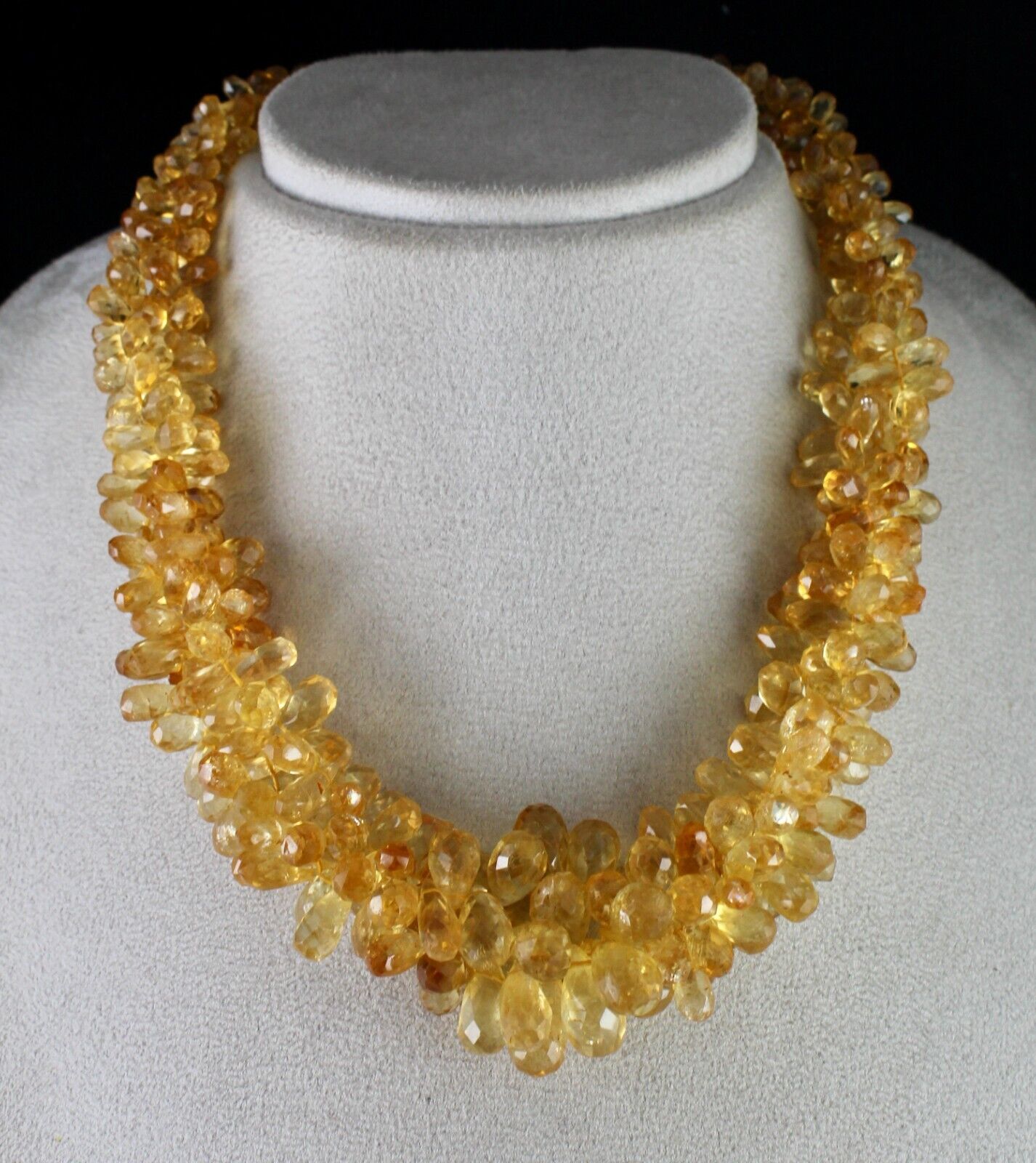 NATURAL CITRINE BEADS FACETED TEAR DROPS 3 LINE 827 CT GEMSTONE FASHION NECKLACE