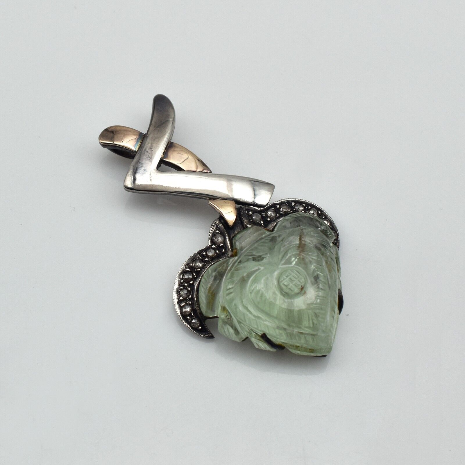 Natural Green Aquamarine Engraved 18K Gold Diamond 925 Silver Victorian Pendant
