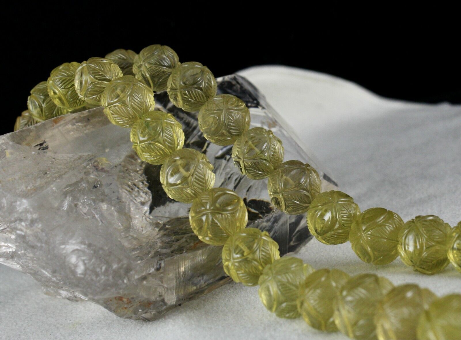 NATURAL LEMON QUARTZ BEADS CARVED 674 CTS SEMI PRECIOUS GEMSTONE BEADED NECKLACE