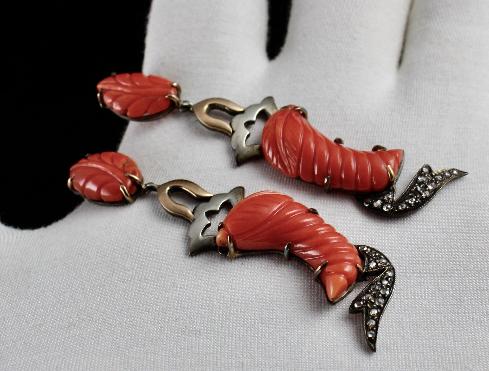 Estate Victorian Natural Red Coral 10ct Natural Diamond Sterling Silver Earrings