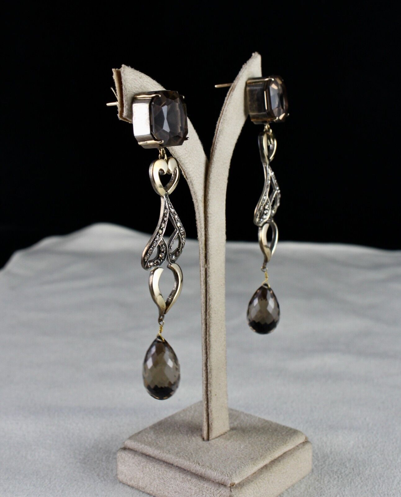 NATURAL SMOKY QUARTZ GEMSTONE DIAMOND 18K GOLD VICTORIAN SILVER DANGLE EARRING