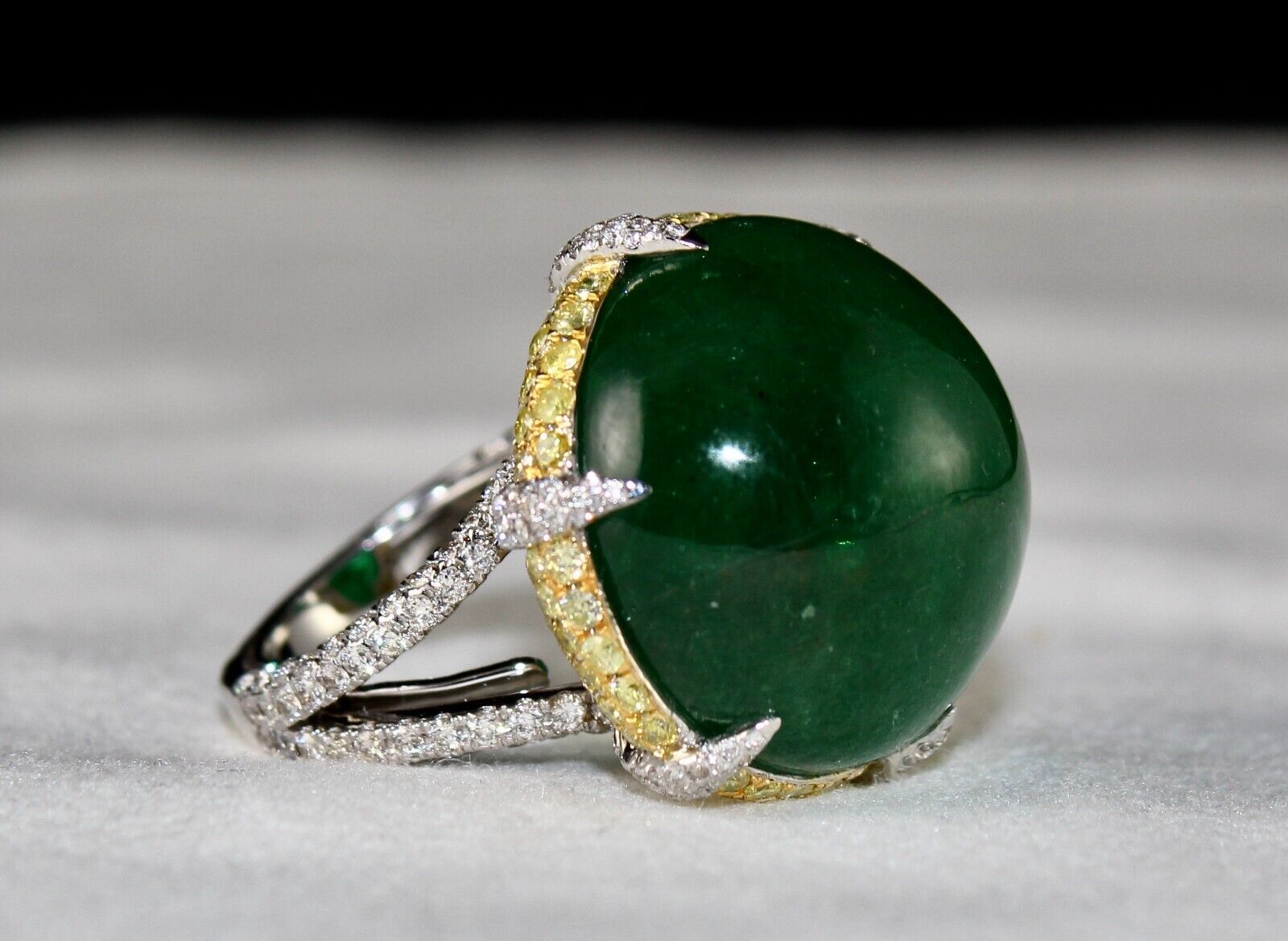 Natural Zambian Emerald Cabochon Yellow Diamond 18K Gold Gemstone Statement Ring
