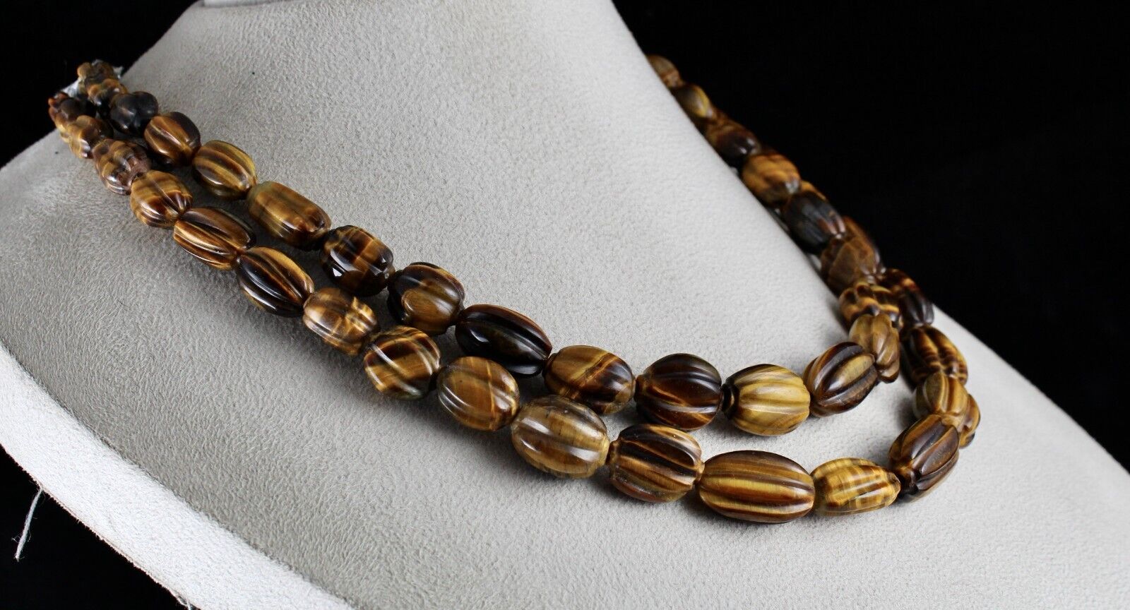 NATURAL TIGER'S EYE BEADS CARVED 2 LINE 785 CTS GEMSTONE LADIES ANTIQUE NECKLACE