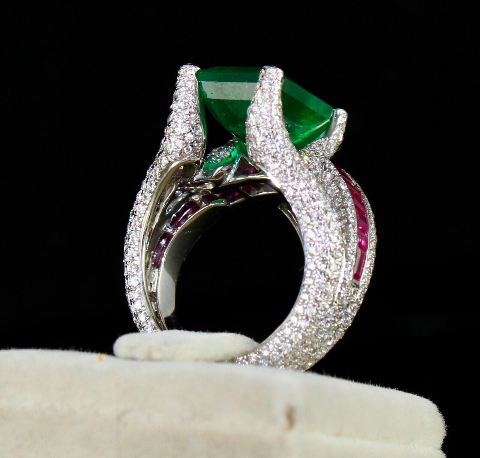Zambia Emerald Octagon Ruby Cut Diamond Cocktail Ring, 18K Gold Statement Ring