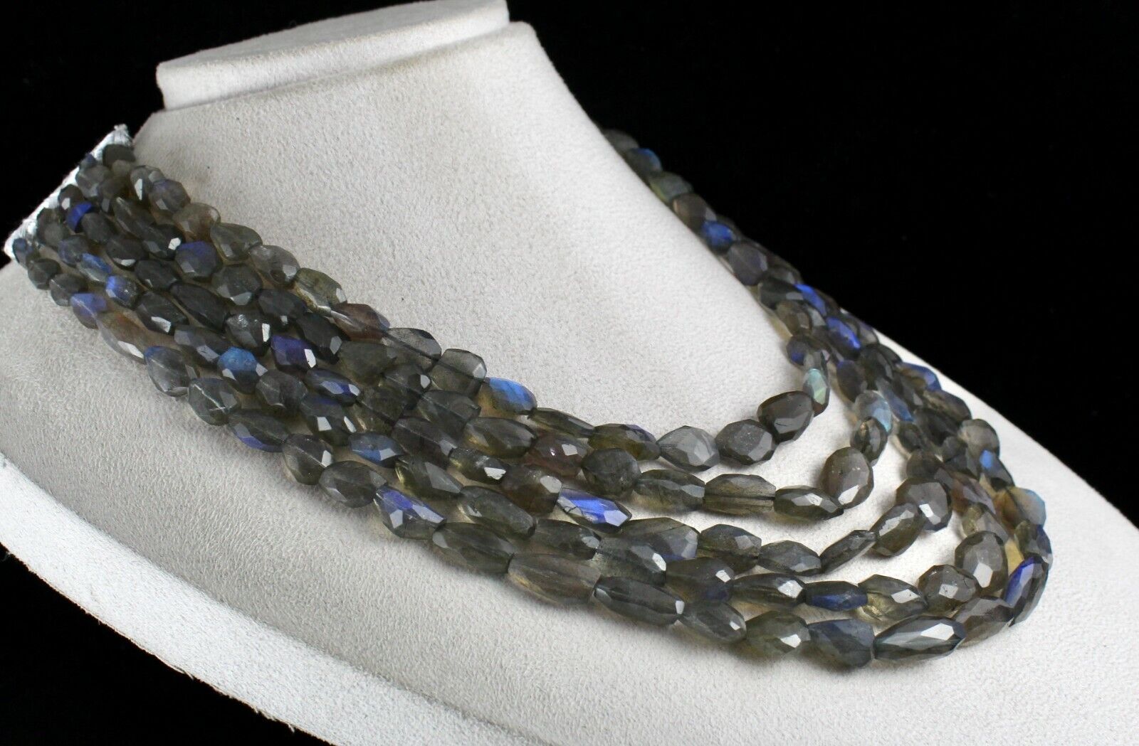 NATURAL BLACK LABRADORITE BEADS FACETED NUGGETS 5 LINE 993 CTS GEMSTONE NECKLACE