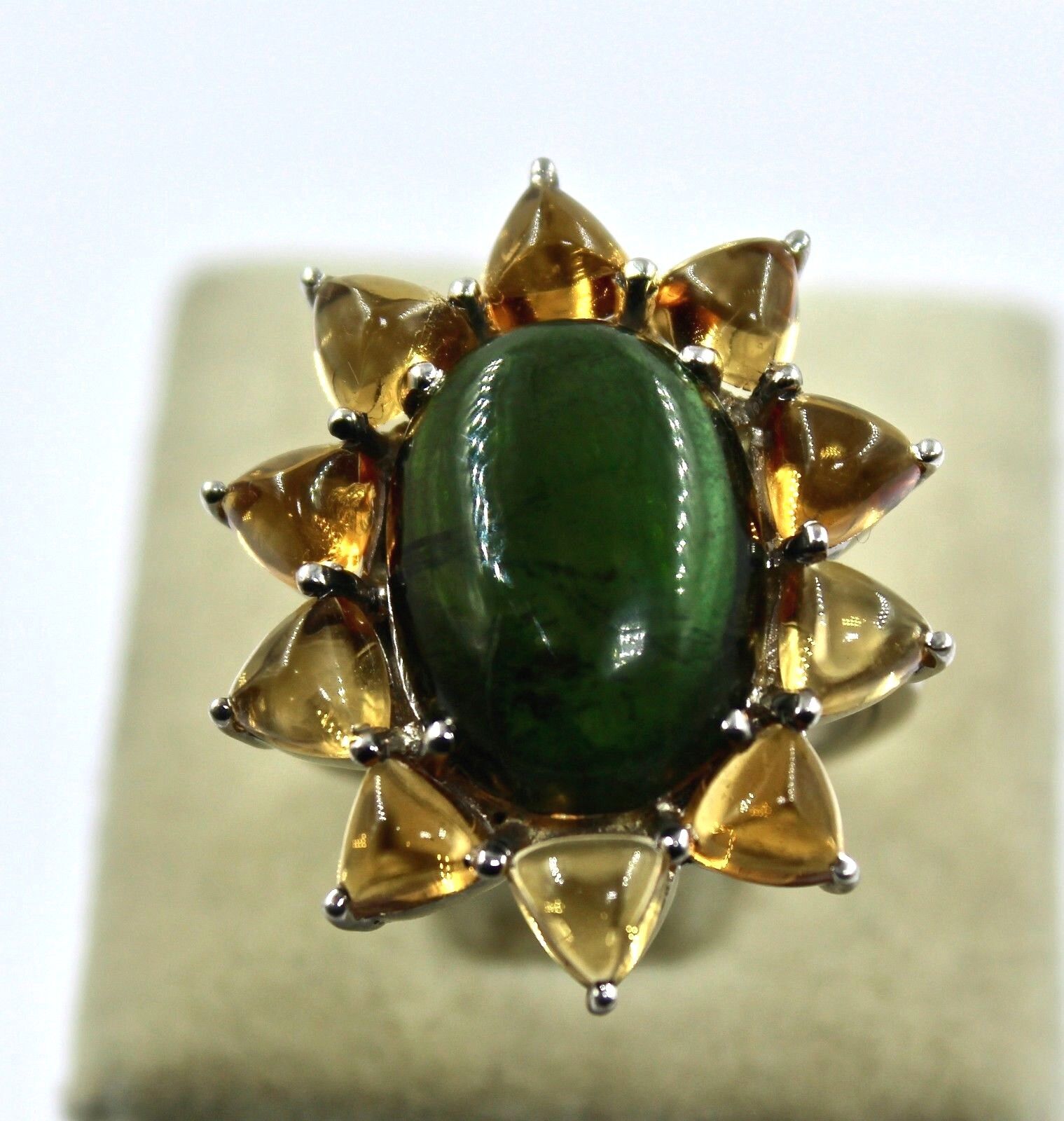 NATURAL GREEN TOURMALINE OVAL YELLOW CITRINE CABOCHON 925 STERLING SILVER RING