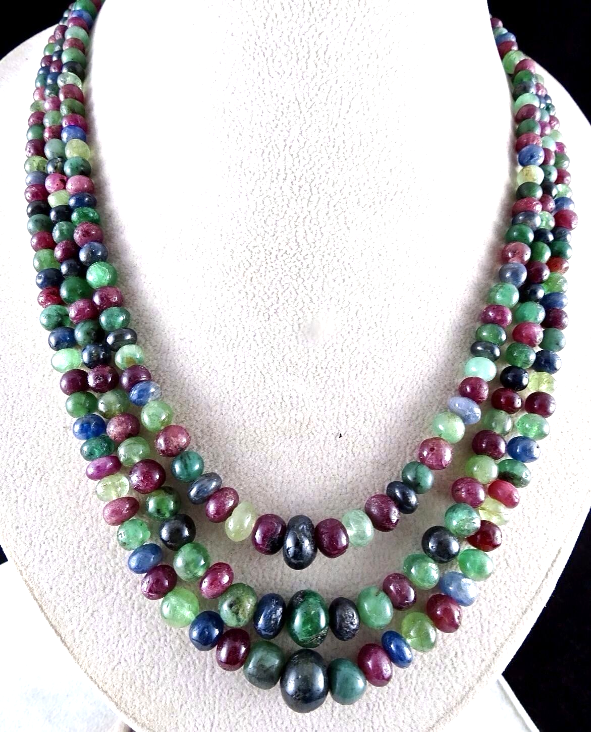 Certified Natural Emerald Ruby Blue Sapphire Beads Round 666 Ct Multi Necklace