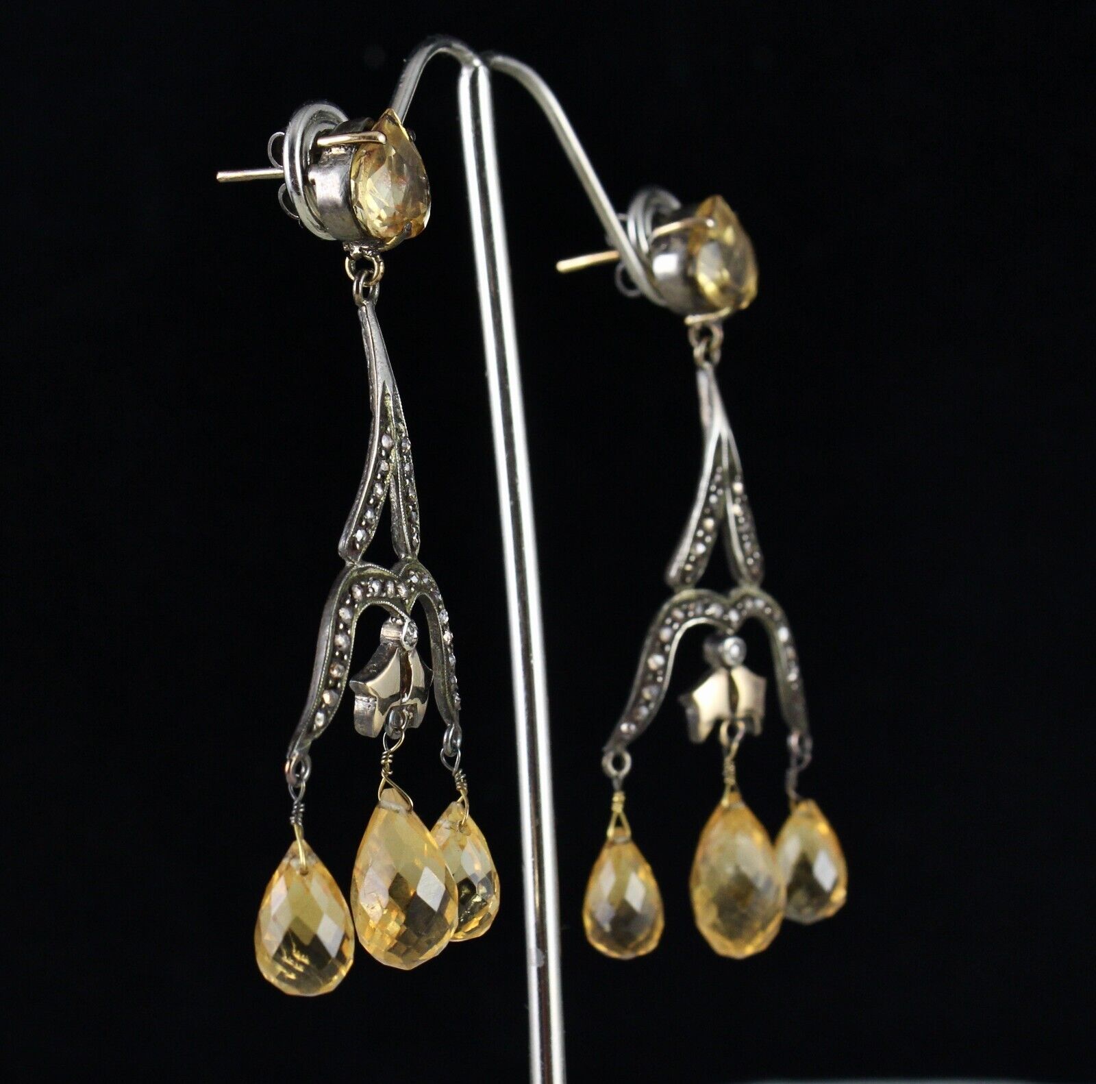 NATURAL CITRINE CUT DROPS DIAMOND 18K GOLD & 925 SILVER VICTORIAN ESTATE EARRING