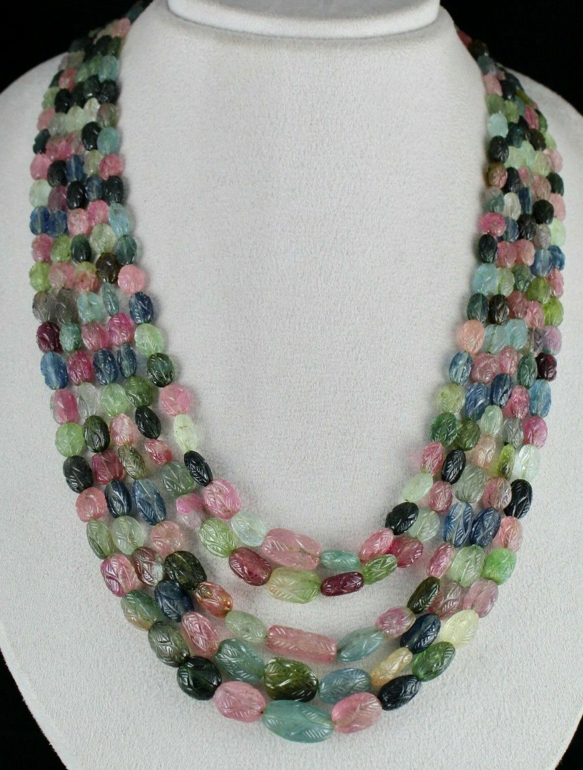 NATURAL MULTI TOURMALINE AQUAMARINE BEADS ENGRAVED 824 CARATS LADIES NECKLACE