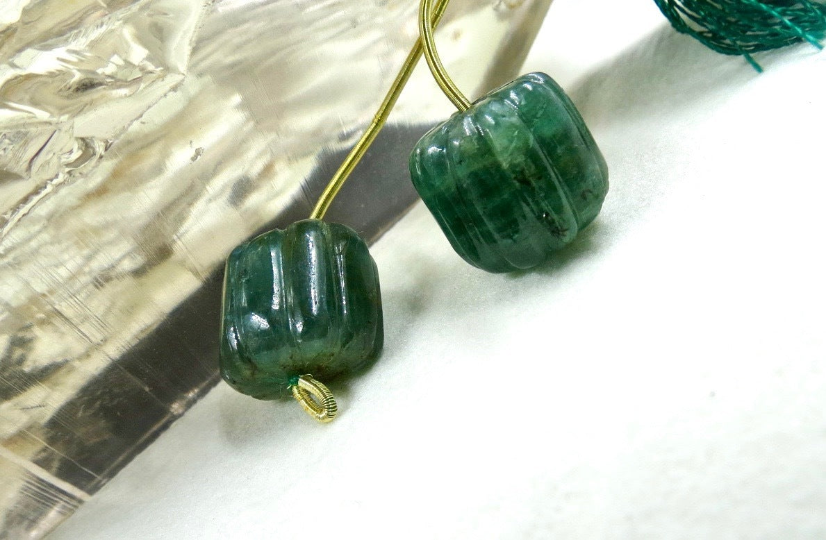 Certified 13mm Natural Emerald Carved Gemstone Bead Pair 36 Ct Earring Design