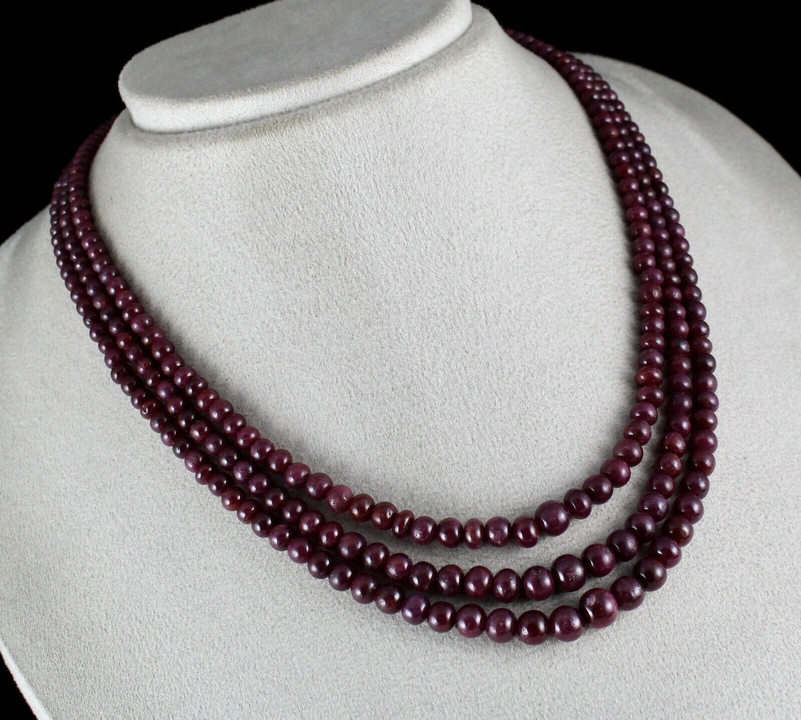NATURAL RED RUBY BEADS ROUND 3 LINE 414 CTS PRECIOUS GEMSTONE FASHION NECKLACE