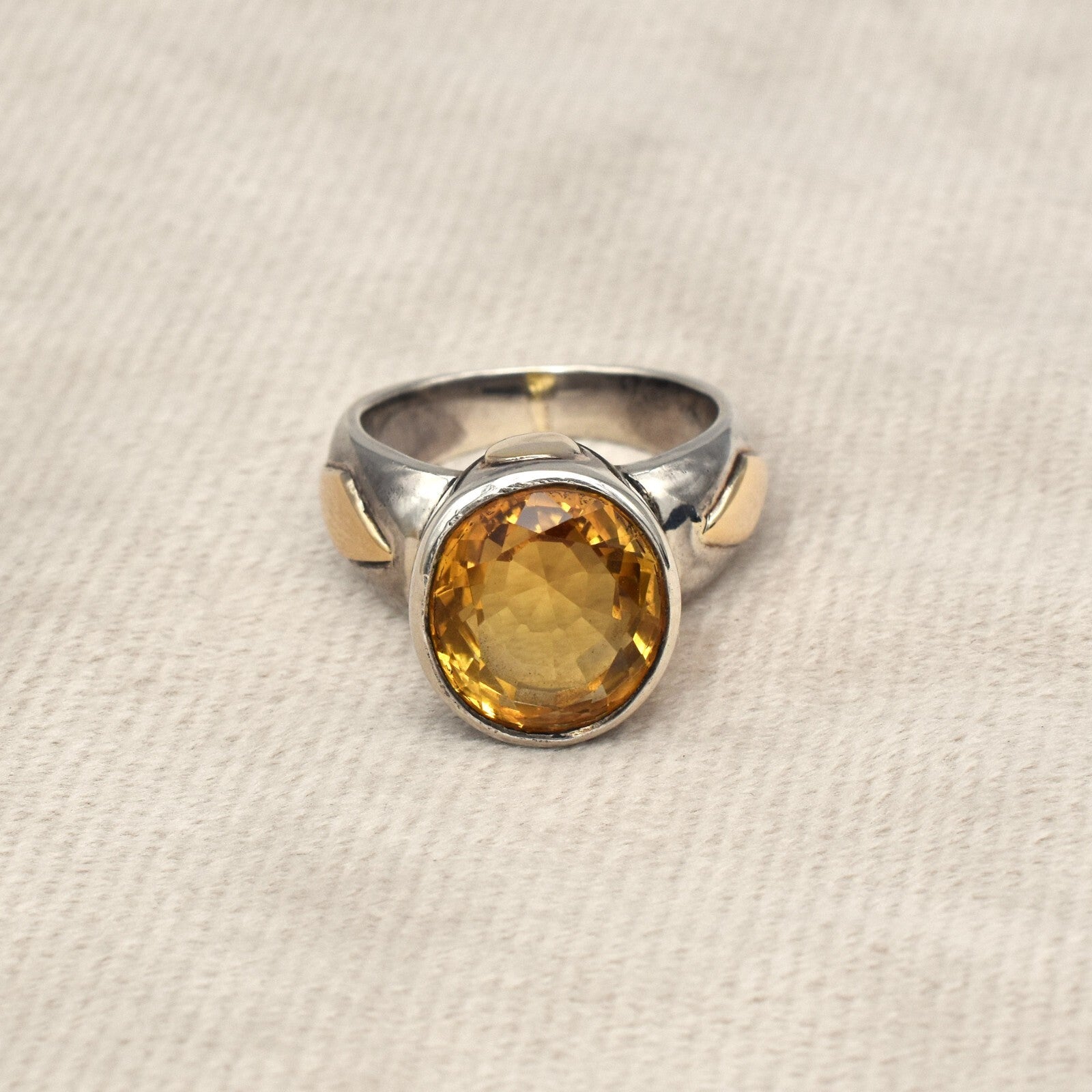 Vintage Yellow Citrine 61ct Natural Diamond 18k Gold 925 Sterling Silver Ring