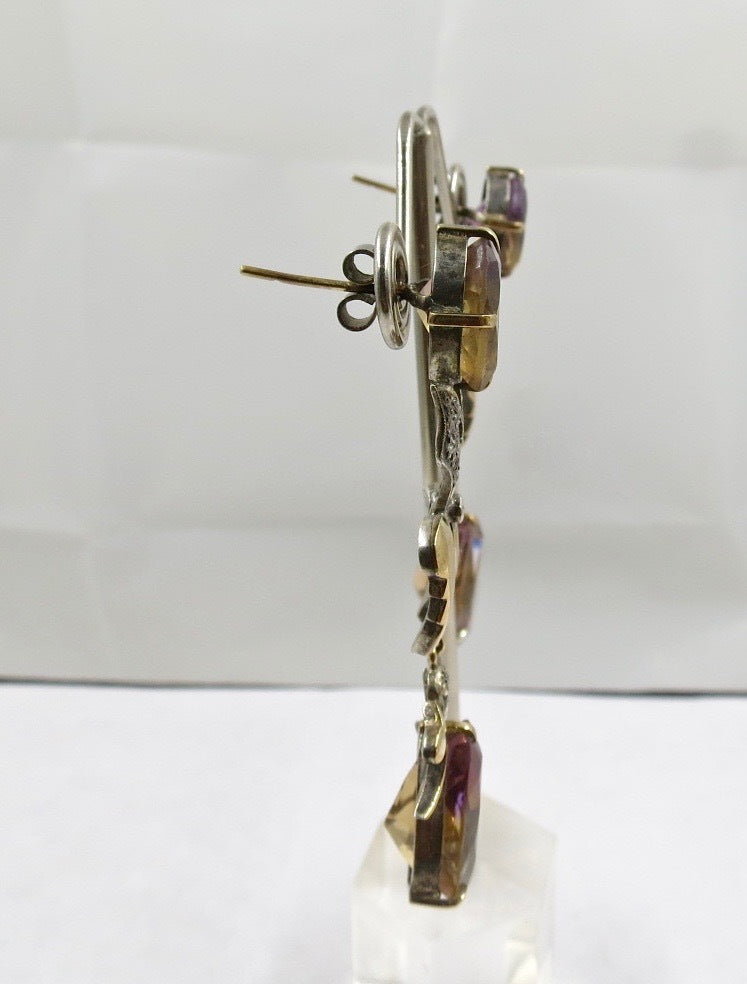 Certified Natural Ametrine 99.67ct Victorian 18k Gold & Sterling Silver Earrings