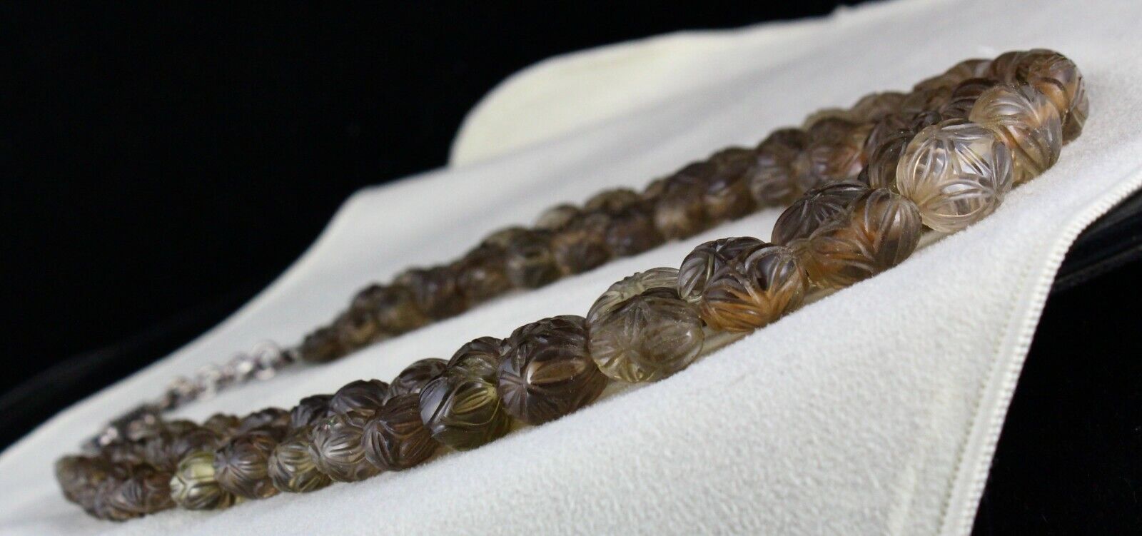 NATURAL SMOKY QUARTZ BEADS CARVED MELON 3 LINE 746 CARATS GEMSTONE NECKLACE