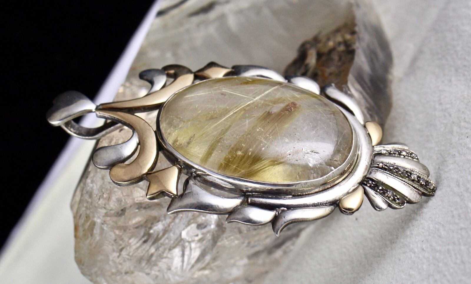 NATURAL RUTILE OVAL CABOCHON 18K GOLD DIAMOND 925 SILVER VICTORIAN PENDANT