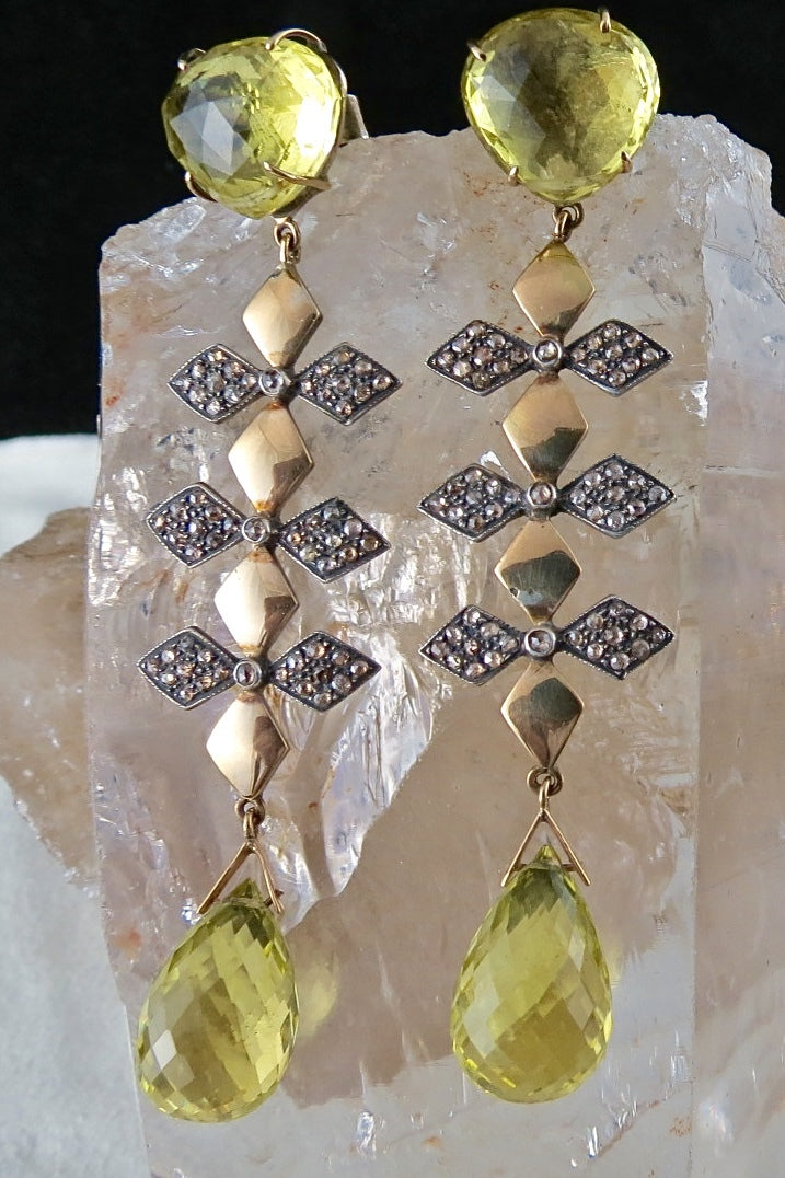 Natural Lemon Quartz Teardrop 10ct Diamond 18k Gold Sterling Silver Earrings