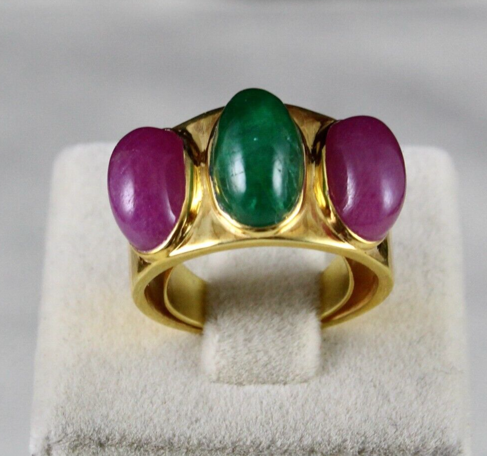 ANTIQUE NATURAL EMERALD RUBY CABOCHON GEMSTONE DIAMOND GOLD PLATED SILVER RING