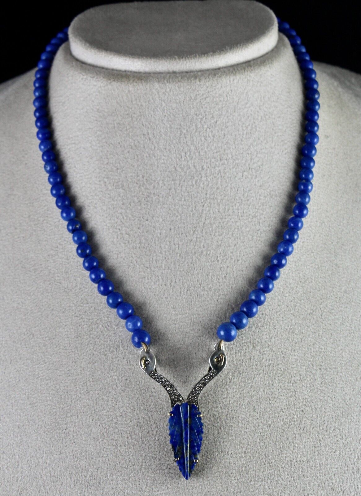 NATURAL LAPIS LAZULI LEAF DIAMOND SILVER 18K GOLD VICTORIAN PENDANT EARRING SET