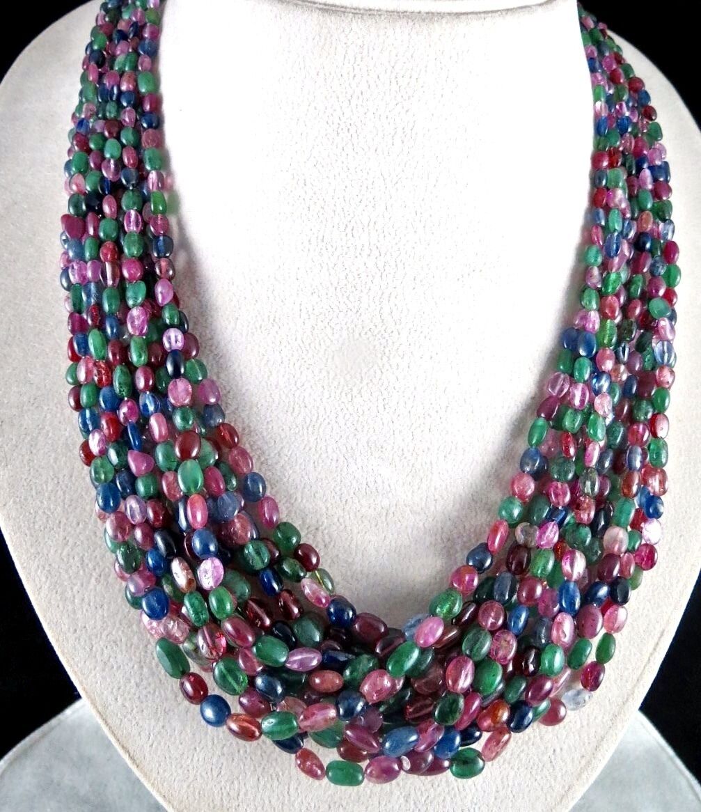 NATURAL EMERALD RUBIES BLUE SAPPHIRE SPINEL BEADS LONG 995 CTS GEMSTONE NECKLACE