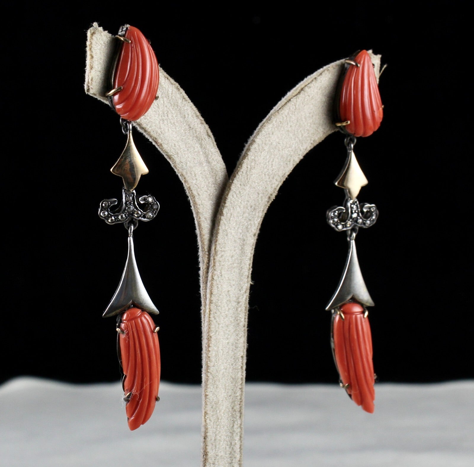 Certified Estate Red Coral 10ct Natural Diamond 18k And Sterling Silver Earrings