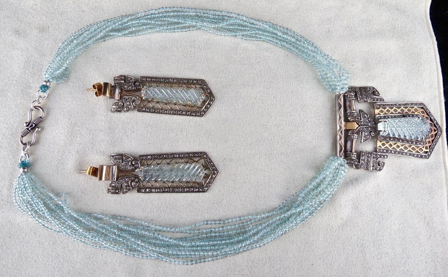 BLUE AQUAMARINE STONE & BEADS DIAMOND GOLD SILVER VICTORIAN EARRING PENDANT SET