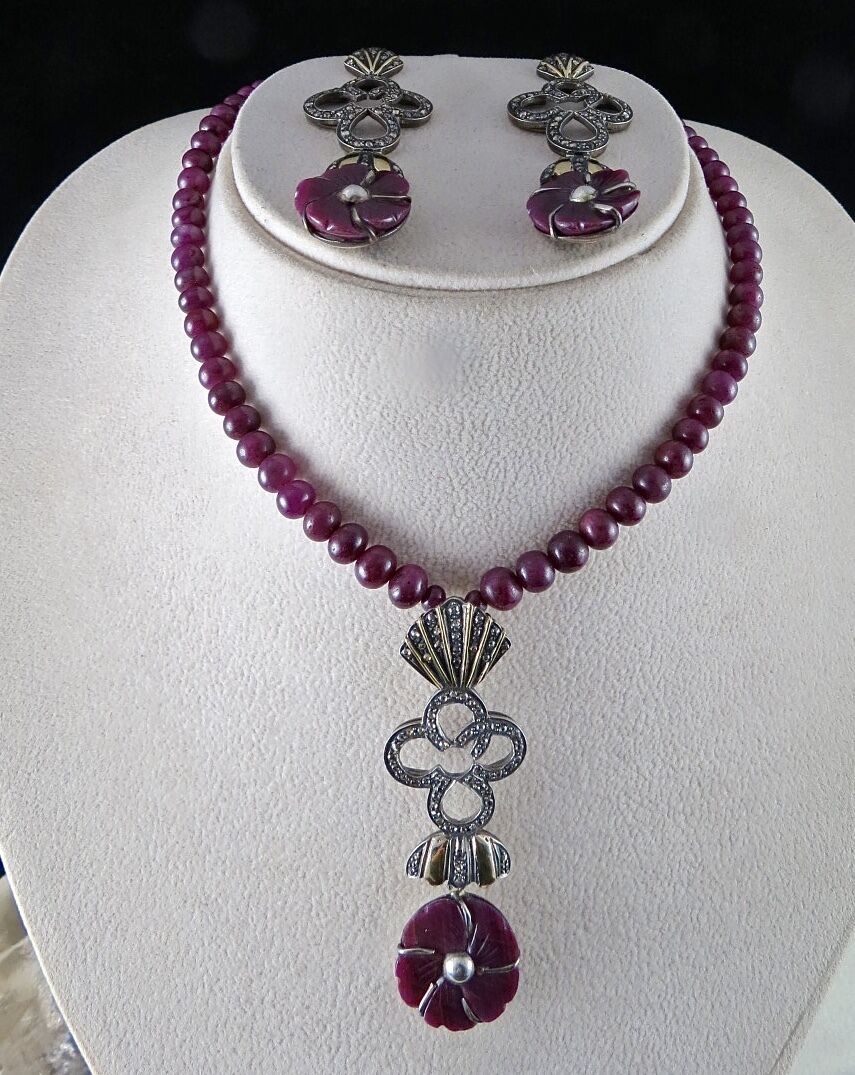 Vintage Natural Ruby Carved Diamond Gold Silver Victorian Pendant Earring Set