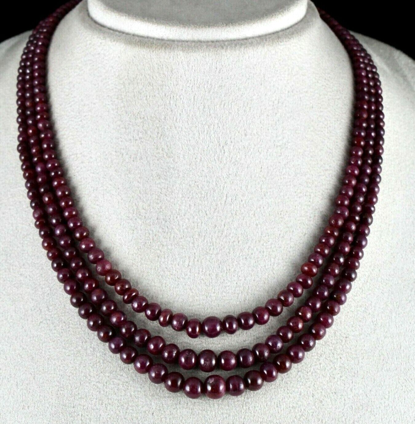 NATURAL RED RUBY BEADS ROUND 3 LINE 414 CTS PRECIOUS GEMSTONE FASHION NECKLACE