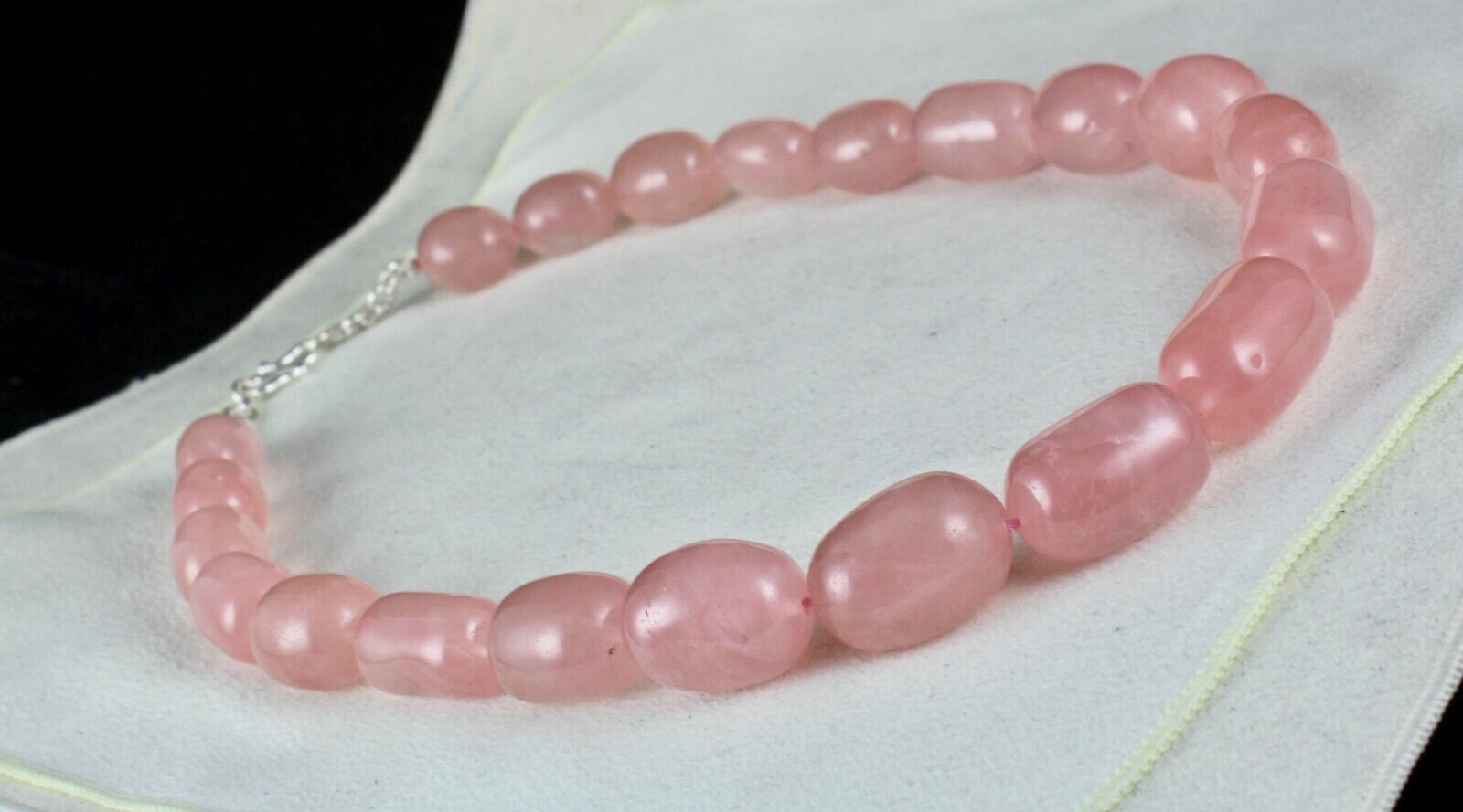 NATURAL ROSE QUARTZ BEADS LONG CABOCHON 1099 CARATS GEMSTONE SILVER NECKLACE