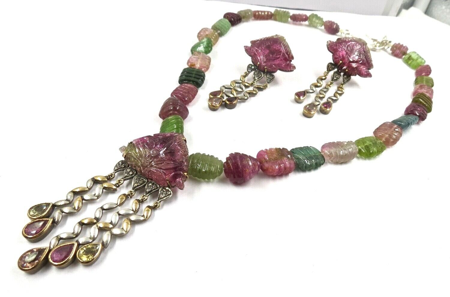 MULTI COLOUR TOURMALINE CARVED BEADS DIAMOND 18K GOLD SILVER PENDANT EARRING SET