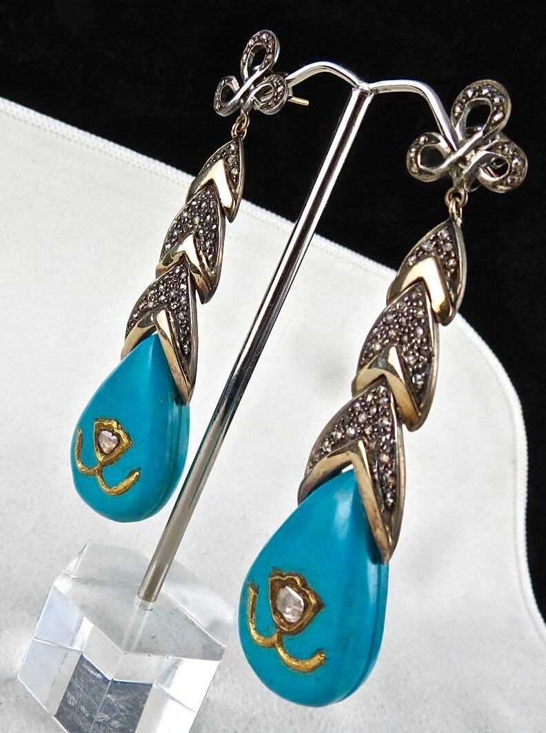 FINEST TURQUOISE DIAMOND 18K GOLD 925 SILVER JADAU GEMSTONE VICTORIAN EARRING