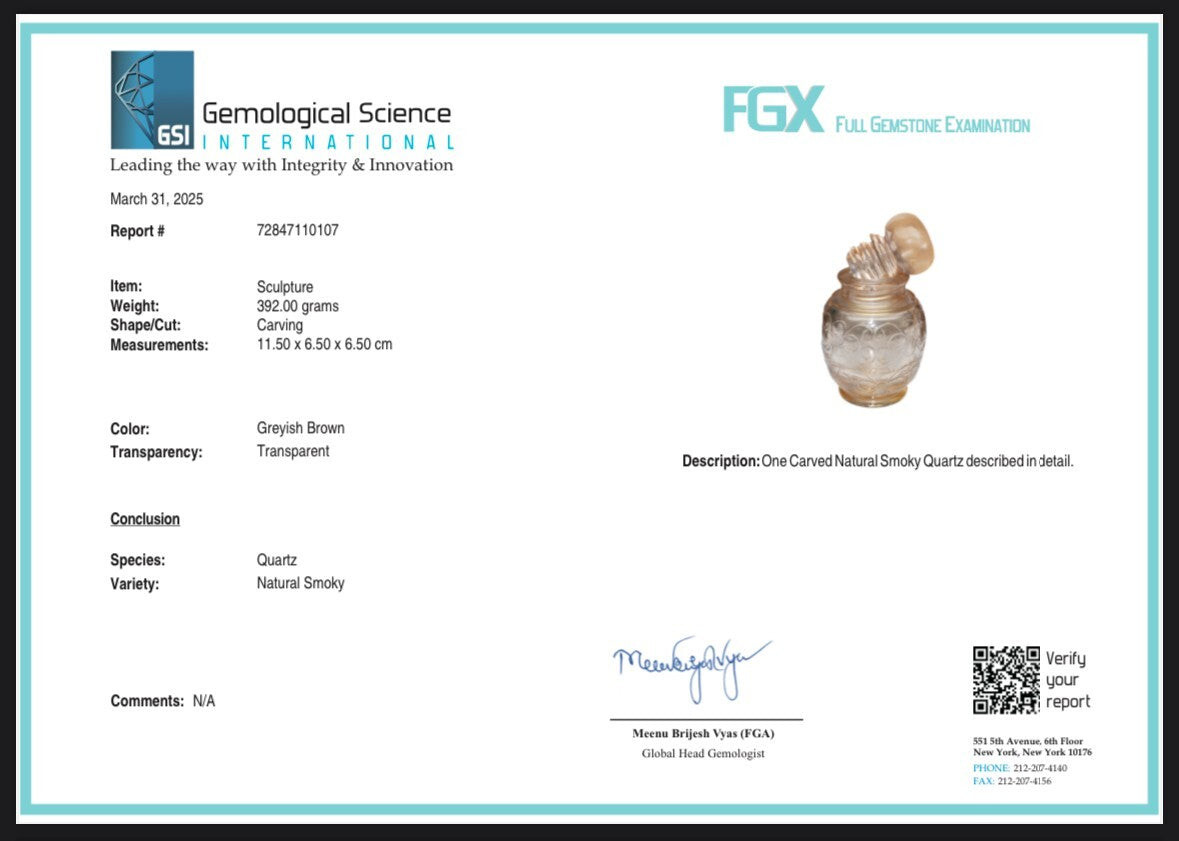 Certified Handcrafted Smoky Quartz 1960 Ct Carved Perfume Bottle Home Decor