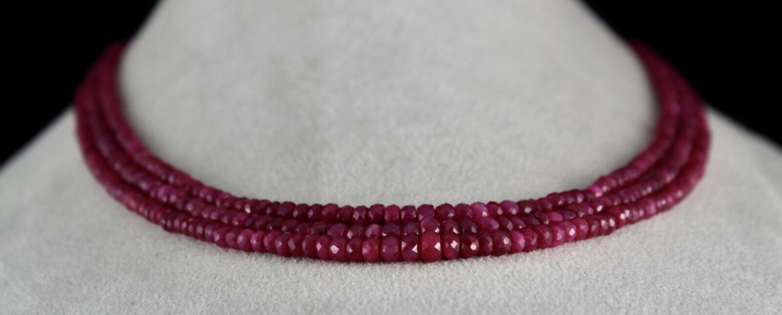 RUBY CORUNDUM BEADS LONG 3 LINE 272 CARATS OLD DYED GEMSTONE NECKLACE