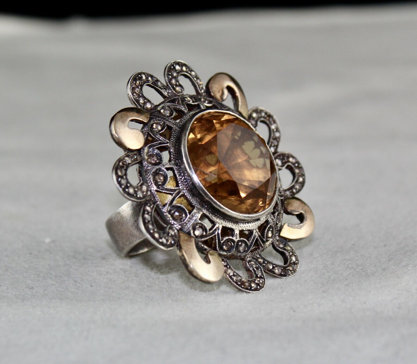 NATURAL YELLOW CITRINE CUT DIAMOND 18K GOLD LADIES RING IN 925 STERLING SILVER