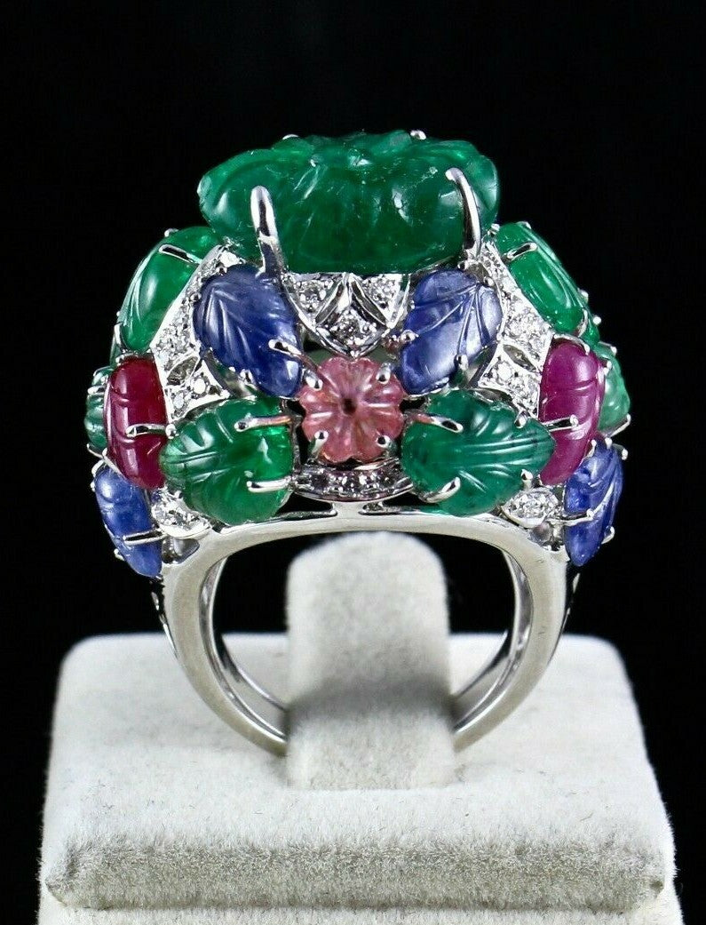 Certified Emerald Spinel Ruby 10ct Natural Diamond 18k Gold Tutti Frutti Ring