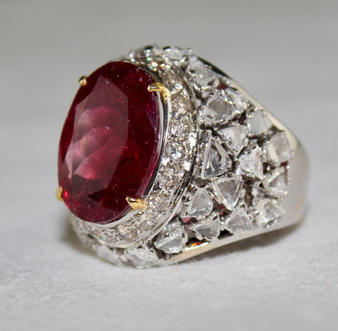 Certified Natural Rubellite Tourmaline 10ct Diamond 18k Gold Vintage Ring