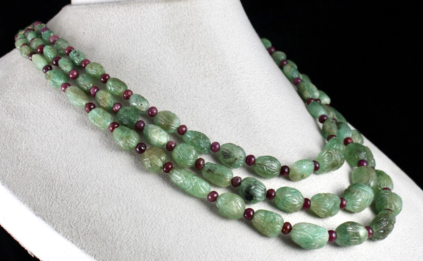 Certified Antique Natural Emerald Ruby 632 Cts Beaded Carved Drill Necklace