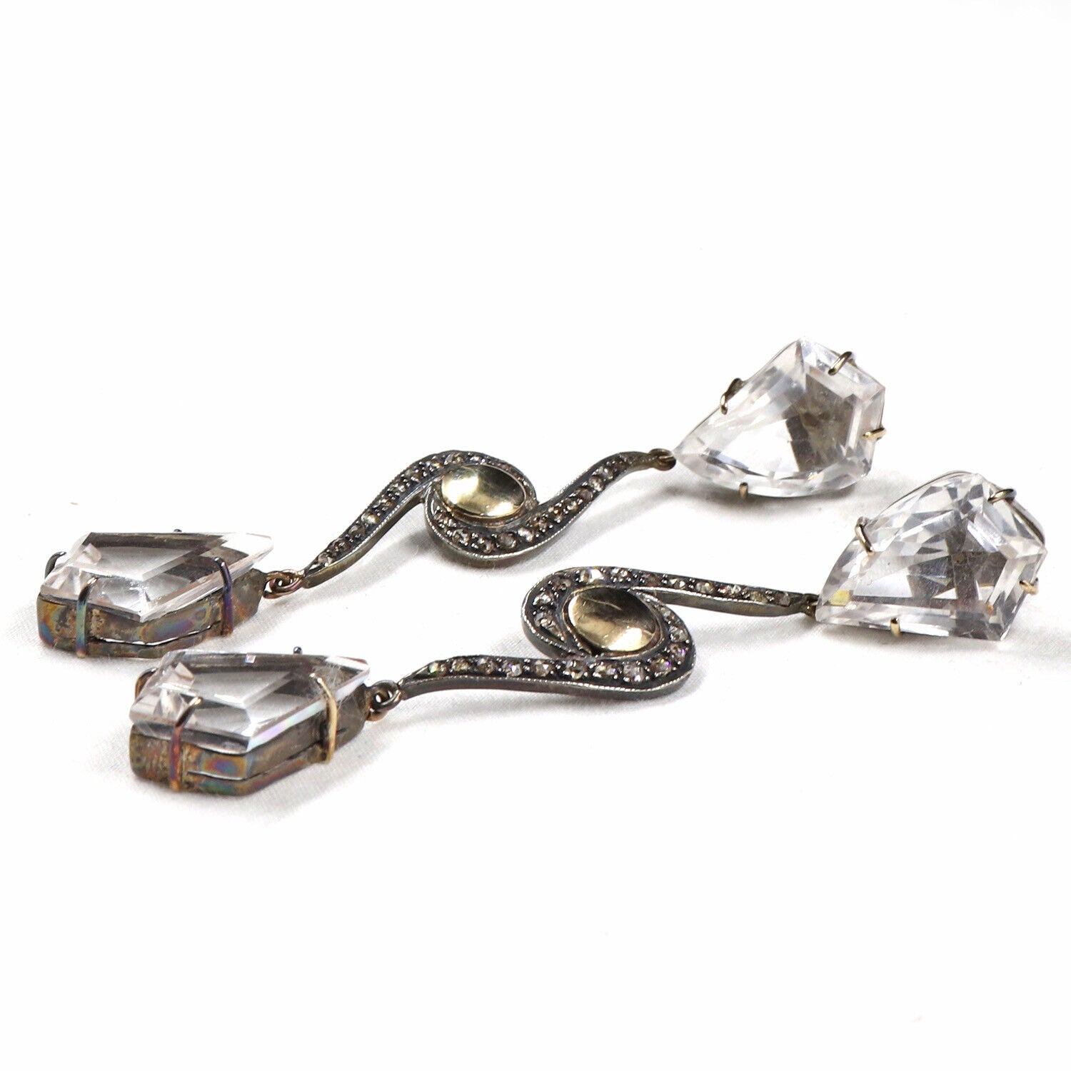 NATURAL ROCK CRYSTAL QUARTZ CARVED DIAMOND 18K GOLD 925 SILVER VICTORIAN EARRING