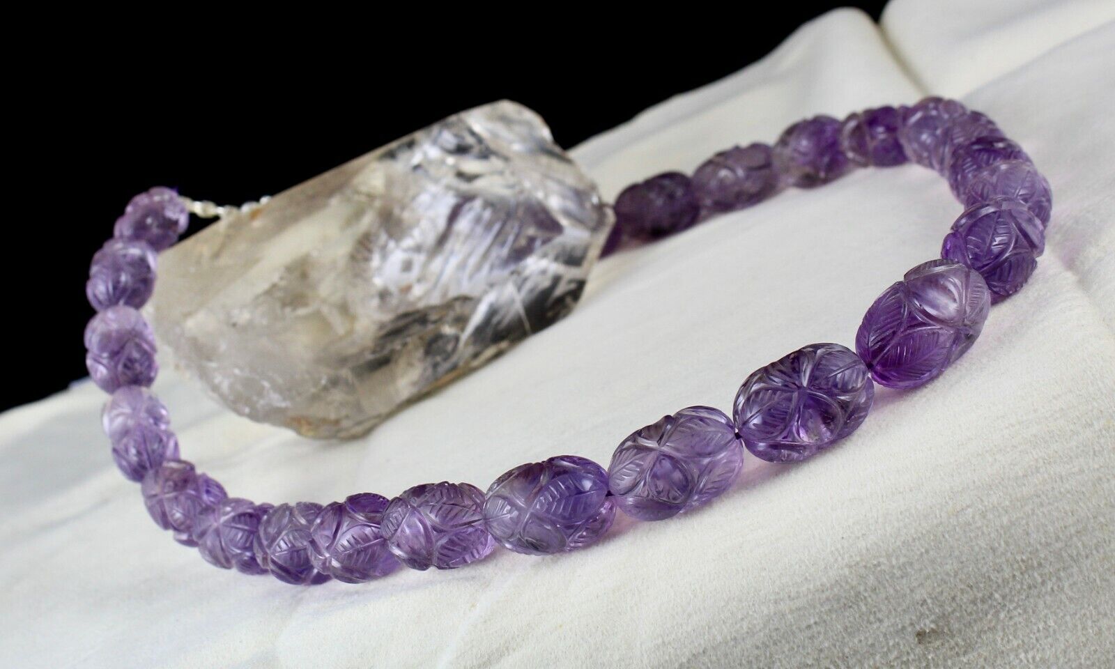 Natural Amethyst Engraved Beads 860 Ct Purple Gemstone Silver Vintage Necklace