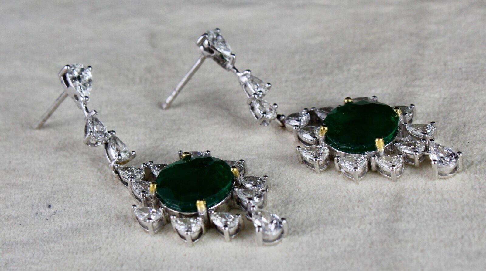 Natural Zambian Emerald Pair White Diamond Cut 18k Gold Dangle Important Earring