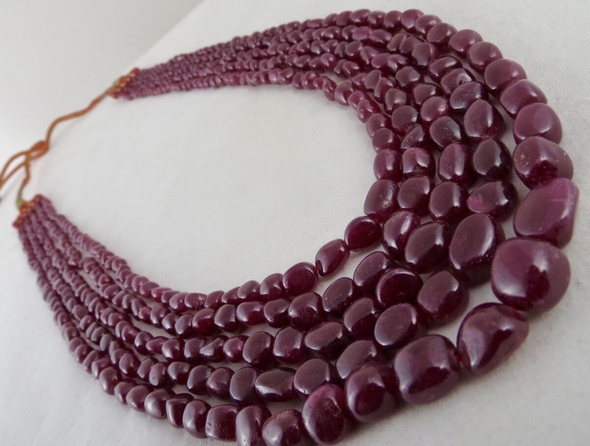 NATURAL RUBY BEADS LONG 5 LINE 540 CARATS PRECIOUS GEMSTONE NECKLACE FOR LADIES