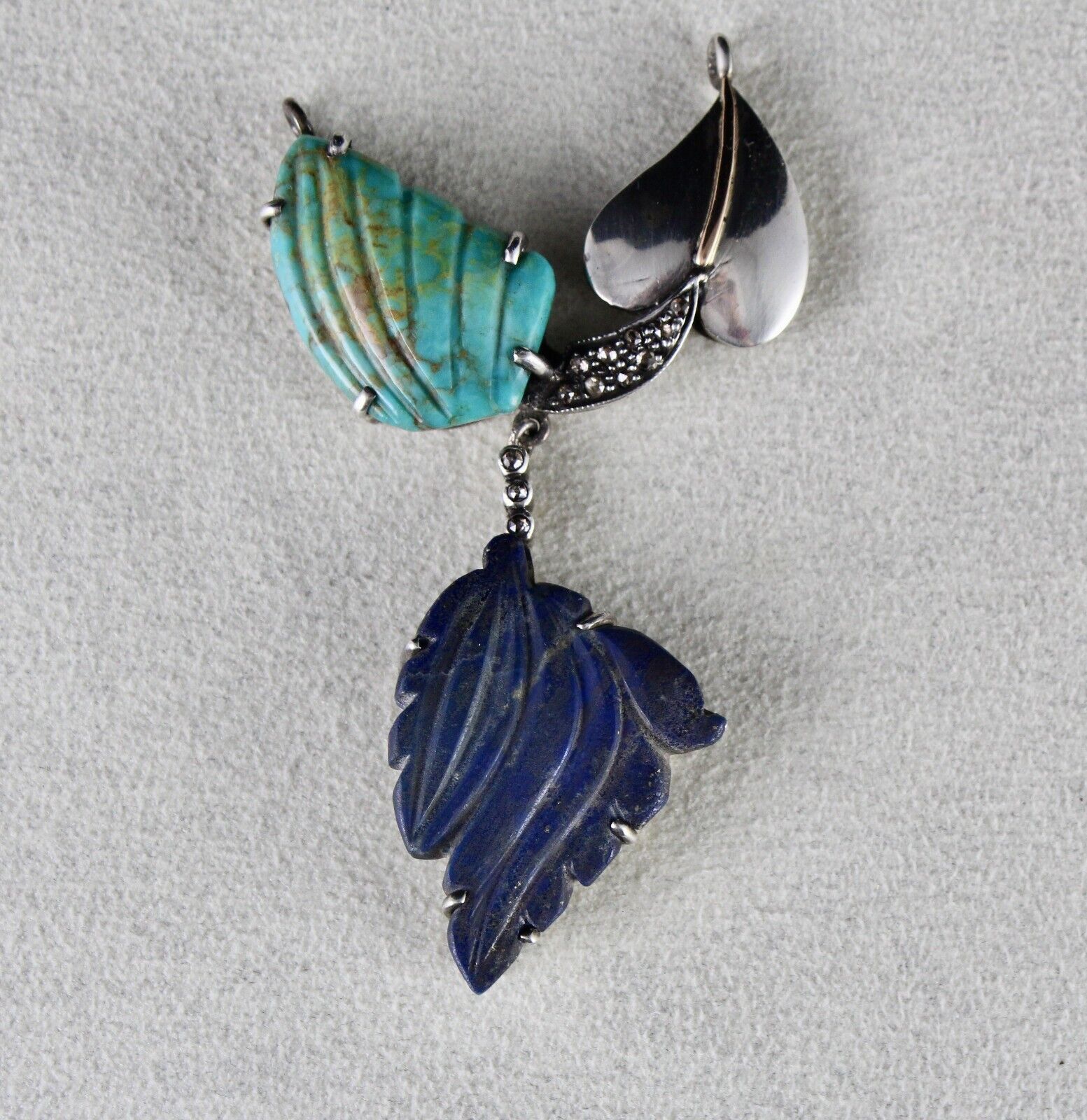 TURQUOISE LAPIS LAZULI CARVED LEAF DIAMOND VICTORIAN 925 SILVER & GOLD PENDANT
