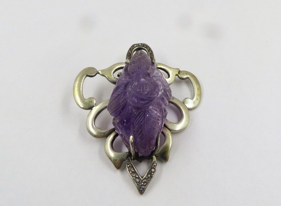 NATURAL PURPLE AMETHYST CARVED GEMSTONE DIAMOND STUDDED SILVER PENDANT