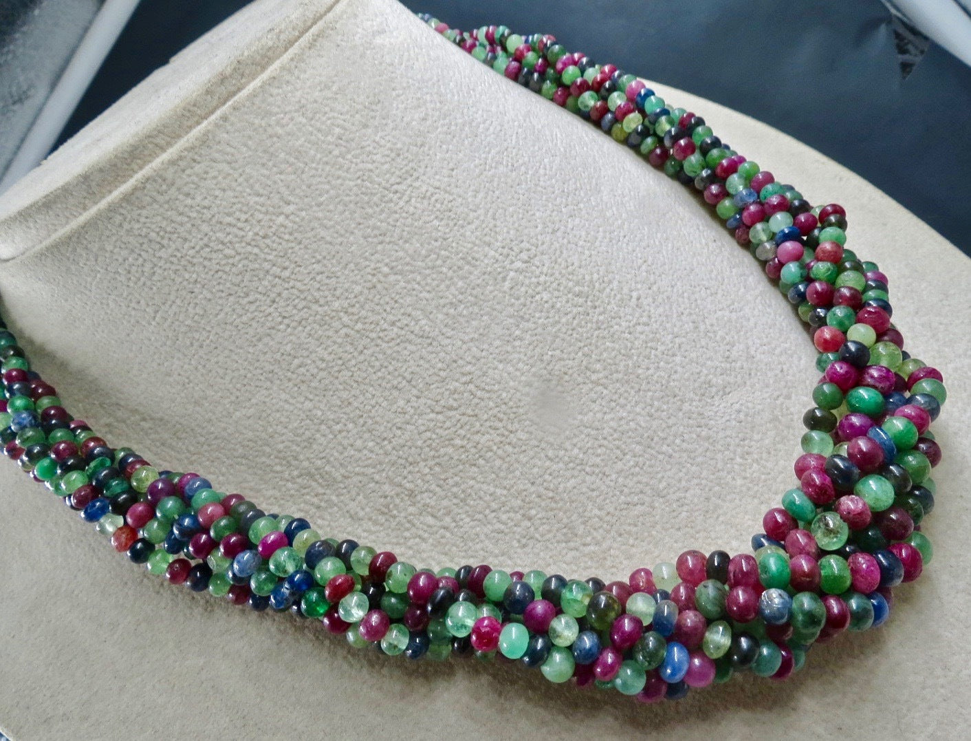 Certified Natural Emerald Ruby Sapphire Beaded Necklace 631 Ct Sterling Silver